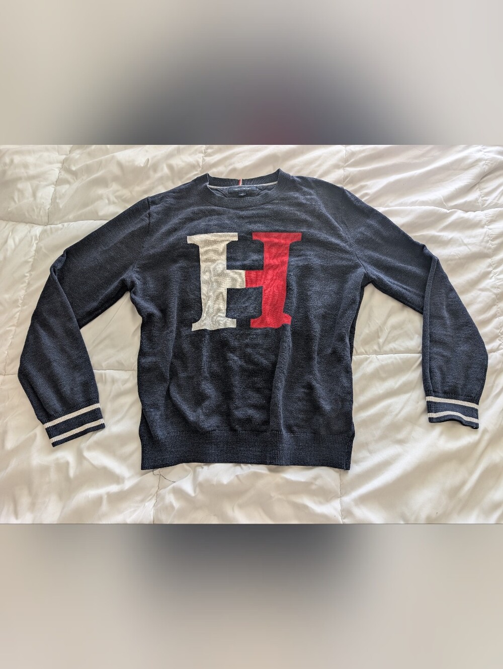 Tommy Hilfiger Men’s Navy Crewneck Sweater with Red & White H Logo